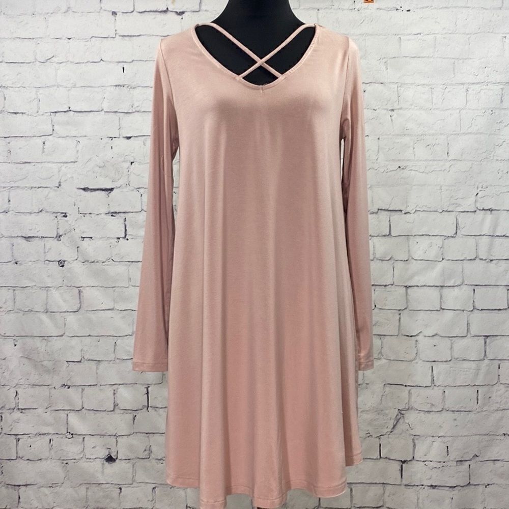 Pink Criss Cross Neckline Long Sleeve Dress